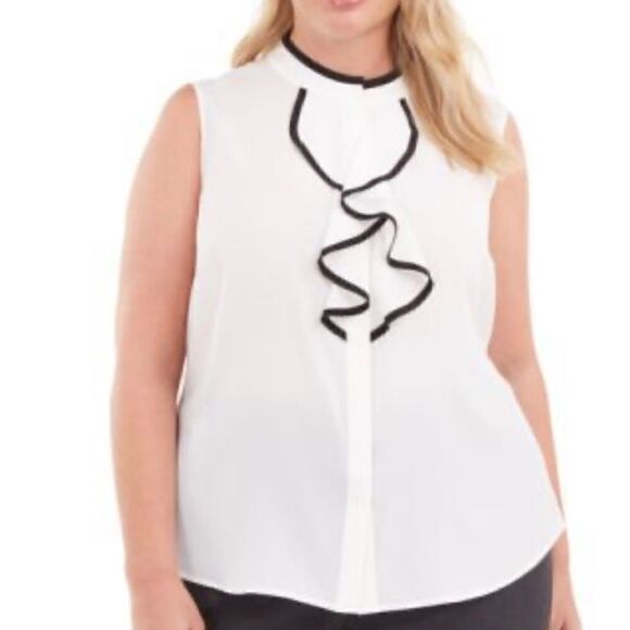Calvin Klein white sleeveless ruffle front top with black piping size 3X EUC - Picture 1 of 9